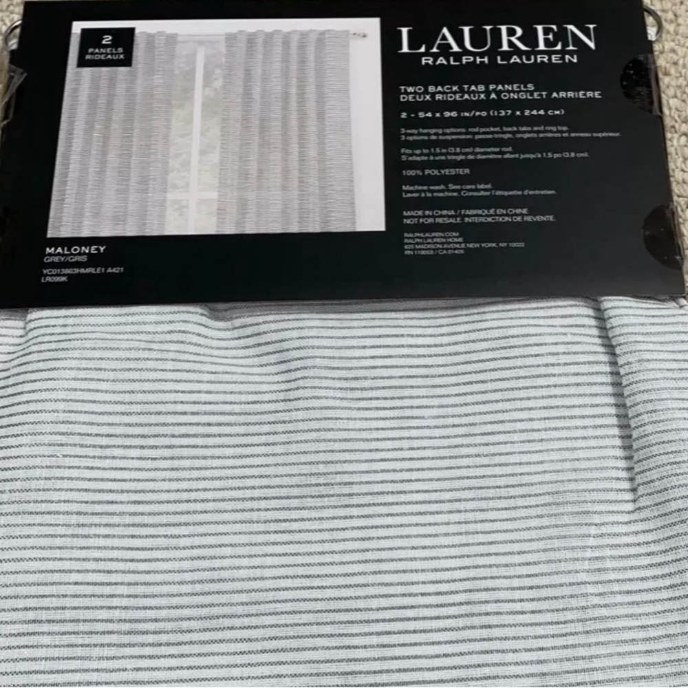 NWNT, Ralph Lauren 54 x 96 Maloney Gray Striped Back Tab Panel Window Curtain